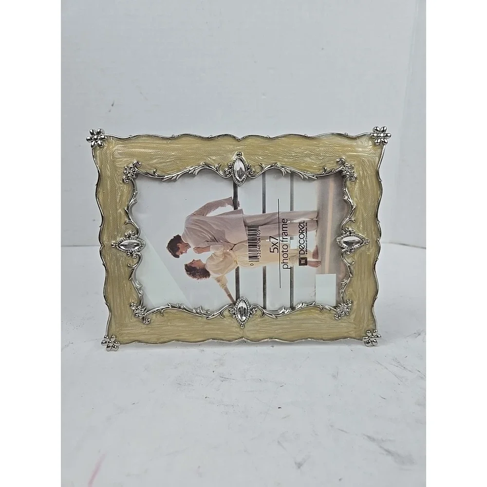Decorel 5x7 Ornate Filigree Photo Frame Beige Enamel and Jewels Free Standing